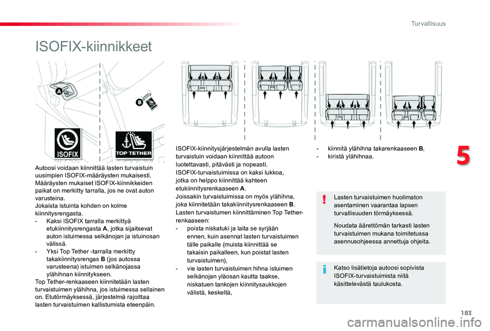 TOYOTA PROACE VERSO 2020 Omistajan Käsikirja (in Finnish) 183
ProaceVerso_fi_Chap05_securite_ed01-2019
ISOFIX-kiinnikkeet
Lasten tur vaistuimen huolimaton asentaminen vaarantaa lapsen turvallisuuden törmäyksessä.
Katso lisätietoja autoosi sopivista ISOFI TOYOTA PROACE VERSO 2020 Omistajan Käsikirja (in Finnish) 183
ProaceVerso_fi_Chap05_securite_ed01-2019
ISOFIX-kiinnikkeet
Lasten tur vaistuimen huolimaton asentaminen vaarantaa lapsen turvallisuuden törmäyksessä.
Katso lisätietoja autoosi sopivista ISOFI