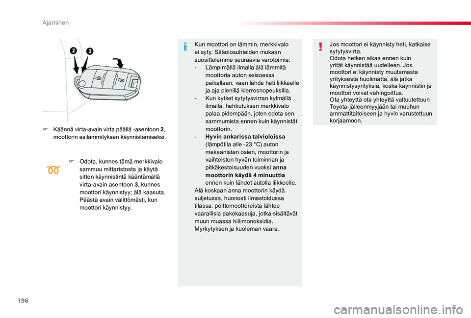 TOYOTA PROACE VERSO 2020 Omistajan Käsikirja (in Finnish) 196
ProaceVerso_fi_Chap06_conduite_ed01-2019
F Käännä virta-avain virta päällä -asentoon 2, moottorin esilämmityksen käynnistämiseksi.
F Odota, kunnes tämä merkkivalo sammuu mittaristosta j TOYOTA PROACE VERSO 2020 Omistajan Käsikirja (in Finnish) 196
ProaceVerso_fi_Chap06_conduite_ed01-2019
F Käännä virta-avain virta päällä -asentoon 2, moottorin esilämmityksen käynnistämiseksi.
F Odota, kunnes tämä merkkivalo sammuu mittaristosta j