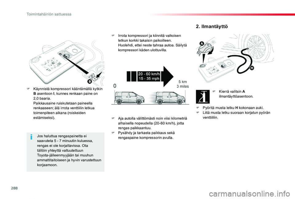 TOYOTA PROACE VERSO 2020 Omistajan Käsikirja (in Finnish) 288
ProaceVerso_fi_Chap08_En-cas-de-panne_ed01-2019
Jos haluttua rengaspainetta ei saavuteta 5 - 7 minuutin kuluessa, rengas ei ole korjattavissa. Ota tällöin yhteyttä valtuutettuun Toyota-jälleen TOYOTA PROACE VERSO 2020 Omistajan Käsikirja (in Finnish) 288
ProaceVerso_fi_Chap08_En-cas-de-panne_ed01-2019
Jos haluttua rengaspainetta ei saavuteta 5 - 7 minuutin kuluessa, rengas ei ole korjattavissa. Ota tällöin yhteyttä valtuutettuun Toyota-jälleen