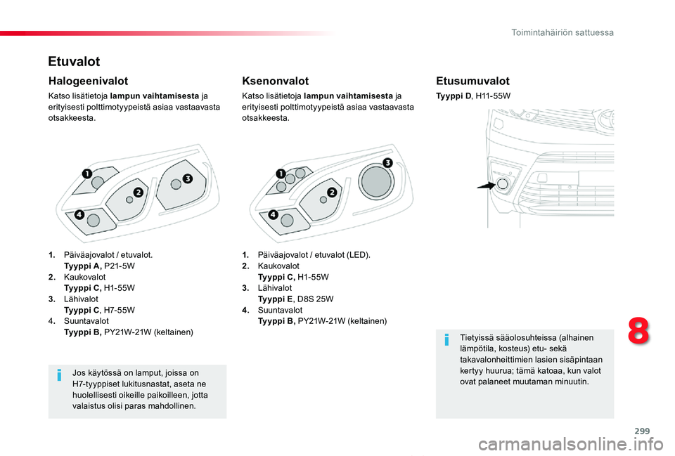 TOYOTA PROACE VERSO 2020 Omistajan Käsikirja (in Finnish) 299
ProaceVerso_fi_Chap08_En-cas-de-panne_ed01-2019
Etuvalot
Ksenonvalot
Katso lisätietoja lampun vaihtamisesta ja erityisesti polttimotyypeistä asiaa vastaavasta otsakkeesta.
Halogeenivalot
Katso l TOYOTA PROACE VERSO 2020 Omistajan Käsikirja (in Finnish) 299
ProaceVerso_fi_Chap08_En-cas-de-panne_ed01-2019
Etuvalot
Ksenonvalot
Katso lisätietoja lampun vaihtamisesta ja erityisesti polttimotyypeistä asiaa vastaavasta otsakkeesta.
Halogeenivalot
Katso l