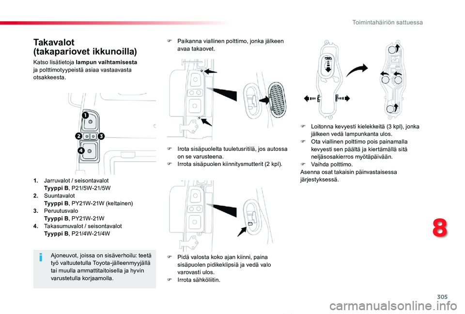 TOYOTA PROACE VERSO 2020 Omistajan Käsikirja (in Finnish) 305
ProaceVerso_fi_Chap08_En-cas-de-panne_ed01-2019
Takavalot
(takapariovet ikkunoilla)
Katso lisätietoja lampun vaihtamisesta ja polttimotyypeistä asiaa vastaavasta otsakkeesta.
F Pidä valosta k TOYOTA PROACE VERSO 2020 Omistajan Käsikirja (in Finnish) 305
ProaceVerso_fi_Chap08_En-cas-de-panne_ed01-2019
Takavalot
(takapariovet ikkunoilla)
Katso lisätietoja lampun vaihtamisesta ja polttimotyypeistä asiaa vastaavasta otsakkeesta.
F Pidä valosta k