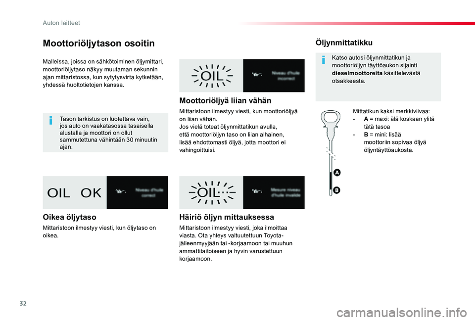 TOYOTA PROACE VERSO 2020 Omistajan Käsikirja (in Finnish) 32
ProaceVerso_fi_Chap01_instruments-de-bord_ed01-2019
Moottoriöljytason osoitin
Malleissa, joissa on sähkötoiminen öljymittari, moottoriöljytaso näkyy muutaman sekunnin ajan mittaristossa, kun TOYOTA PROACE VERSO 2020 Omistajan Käsikirja (in Finnish) 32
ProaceVerso_fi_Chap01_instruments-de-bord_ed01-2019
Moottoriöljytason osoitin
Malleissa, joissa on sähkötoiminen öljymittari, moottoriöljytaso näkyy muutaman sekunnin ajan mittaristossa, kun