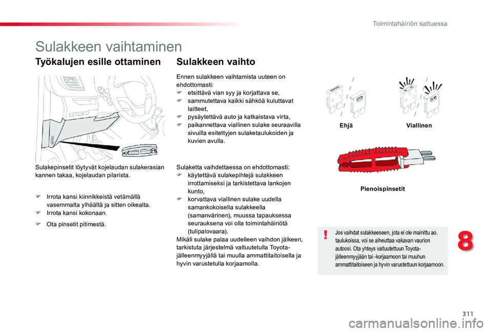 TOYOTA PROACE VERSO 2020 Omistajan Käsikirja (in Finnish) 311
ProaceVerso_fi_Chap08_En-cas-de-panne_ed01-2019
F Irrota kansi kiinnikkeistä vetämällä vasemmalta ylhäältä ja sitten oikealta.F Irrota kansi kokonaan.
EhjäViallinen
Pienoispinsetit
Työkal TOYOTA PROACE VERSO 2020 Omistajan Käsikirja (in Finnish) 311
ProaceVerso_fi_Chap08_En-cas-de-panne_ed01-2019
F Irrota kansi kiinnikkeistä vetämällä vasemmalta ylhäältä ja sitten oikealta.F Irrota kansi kokonaan.
EhjäViallinen
Pienoispinsetit
Työkal