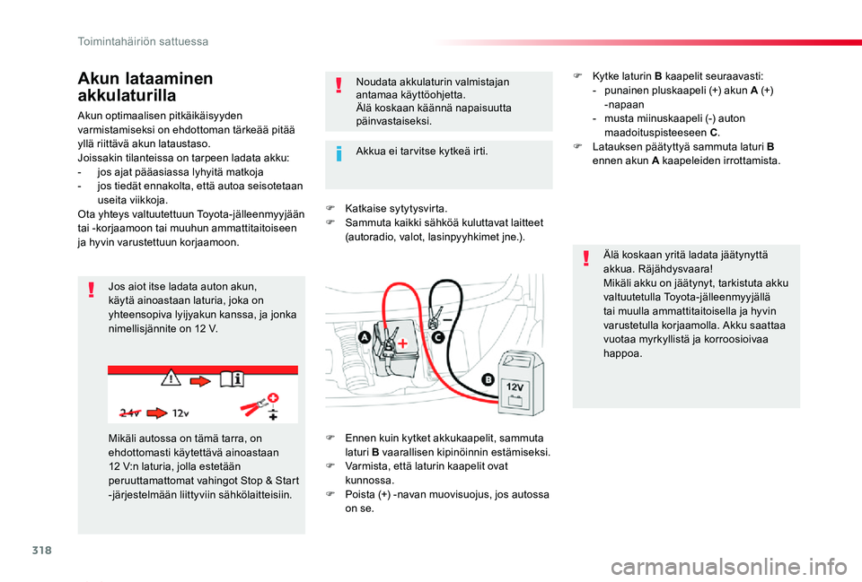 TOYOTA PROACE VERSO 2020 Omistajan Käsikirja (in Finnish) 318
ProaceVerso_fi_Chap08_En-cas-de-panne_ed01-2019
Akun optimaalisen pitkäikäisyyden varmistamiseksi on ehdottoman tärkeää pitää yllä riittävä akun lataustaso.Joissakin tilanteissa on tarpe TOYOTA PROACE VERSO 2020 Omistajan Käsikirja (in Finnish) 318
ProaceVerso_fi_Chap08_En-cas-de-panne_ed01-2019
Akun optimaalisen pitkäikäisyyden varmistamiseksi on ehdottoman tärkeää pitää yllä riittävä akun lataustaso.Joissakin tilanteissa on tarpe