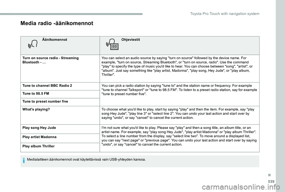 TOYOTA PROACE VERSO 2020  Omistajan Käsikirja (in Finnish) 339
Media radio -äänikomennot
ÄänikomennotOhjeviestit
Turn on source radio - Streaming Bluetooth - …You can select an audio source by saying "turn on source" followed by the device name.