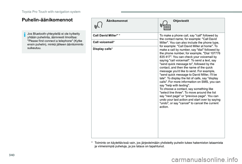 TOYOTA PROACE VERSO 2020  Omistajan Käsikirja (in Finnish) 340
Puhelin-äänikomennot
Jos Bluetooth-yhteydellä ei ole kytketty yhtään puhelinta, ääniviesti ilmoittaa: "Please first connect a telephone" (Kytke ensin puhelin), minkä jälkeen ään