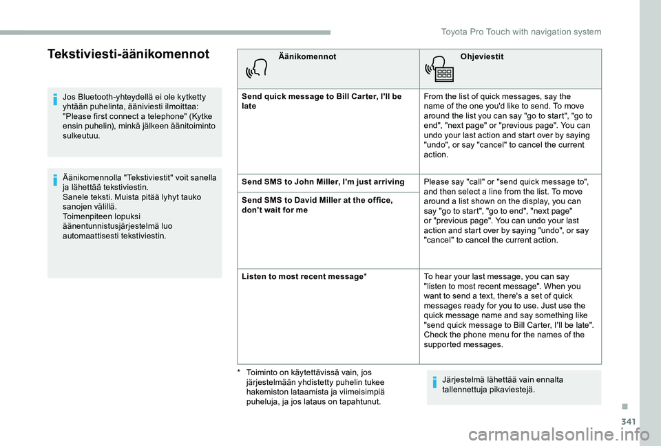 TOYOTA PROACE VERSO 2020  Omistajan Käsikirja (in Finnish) 341
Tekstiviesti-äänikomennot
Jos Bluetooth-yhteydellä ei ole kytketty yhtään puhelinta, ääniviesti ilmoittaa: "Please first connect a telephone" (Kytke ensin puhelin), minkä jälkeen 