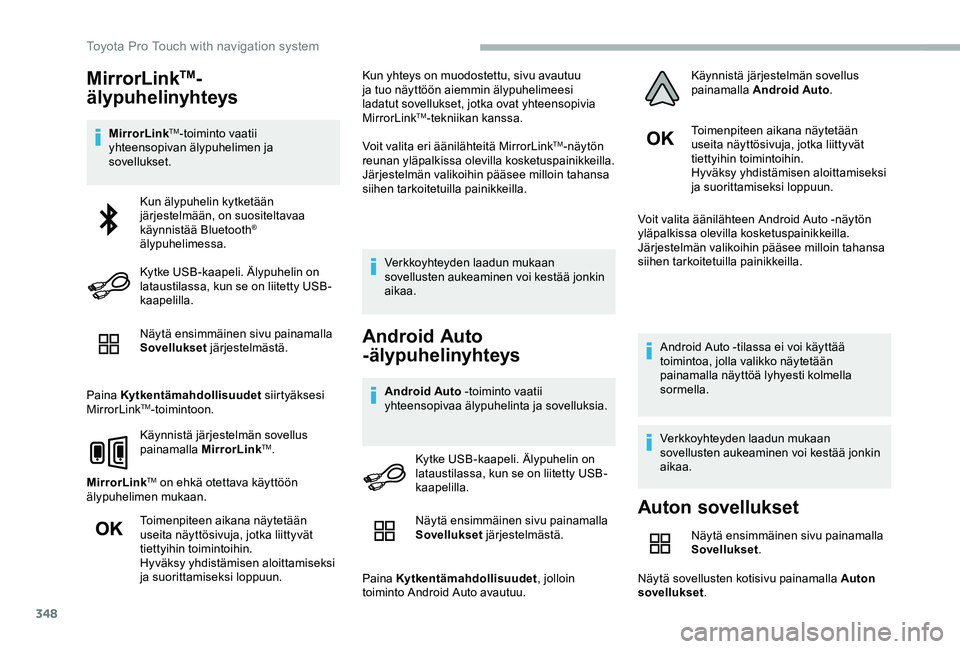 TOYOTA PROACE VERSO 2020  Omistajan Käsikirja (in Finnish) 348
MirrorLinkTM-
älypuhelinyhteys
MirrorLinkTM-toiminto vaatii yhteensopivan älypuhelimen ja sovellukset.
Näytä ensimmäinen sivu painamalla Sovellukset järjestelmästä.
Paina Kytkentämahdolli