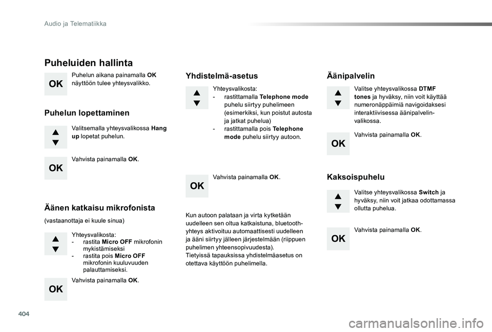 TOYOTA PROACE VERSO 2020 Omistajan Käsikirja (in Finnish) 404
ProaceVerso_fi_Chap10d_RD6_ed01-2019
Puhelun aikana painamalla OK näyttöön tulee yhteysvalikko.
Valitsemalla yhteysvalikossa Hang up lopetat puhelun.
Puheluiden hallinta
Puhelun lopettaminen
(v TOYOTA PROACE VERSO 2020 Omistajan Käsikirja (in Finnish) 404
ProaceVerso_fi_Chap10d_RD6_ed01-2019
Puhelun aikana painamalla OK näyttöön tulee yhteysvalikko.
Valitsemalla yhteysvalikossa Hang up lopetat puhelun.
Puheluiden hallinta
Puhelun lopettaminen
(v