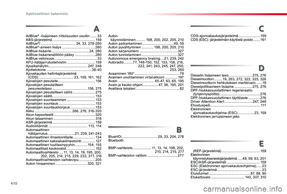 TOYOTA PROACE VERSO 2020 Omistajan Käsikirja (in Finnish) 410
ProaceVerso_fi_Chap11_index-alpha_ed01-2019
AdBlue® -lisäaineen riittoisuuden osoitin .......33ABS-järjestelmä ............................................159AdBlue®/ ........................ TOYOTA PROACE VERSO 2020 Omistajan Käsikirja (in Finnish) 410
ProaceVerso_fi_Chap11_index-alpha_ed01-2019
AdBlue® -lisäaineen riittoisuuden osoitin .......33ABS-järjestelmä ............................................159AdBlue®/ ........................