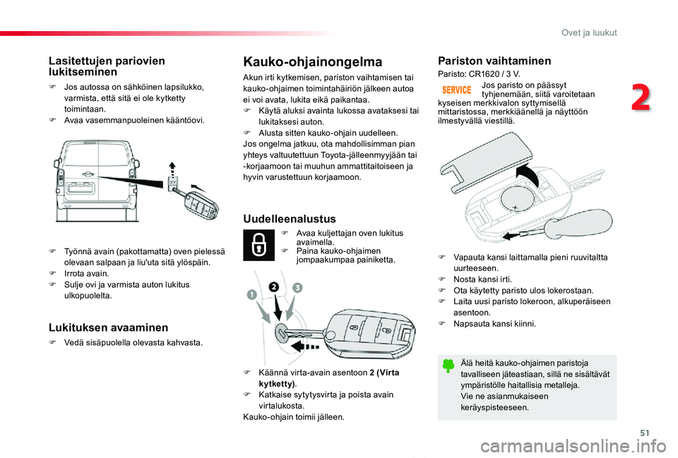 TOYOTA PROACE VERSO 2020 Omistajan Käsikirja (in Finnish) 51
ProaceVerso_fi_Chap02_ouvertures_ed01-2019
Pariston vaihtaminen
Älä heitä kauko-ohjaimen paristoja tavalliseen jäteastiaan, sillä ne sisältävät ympäristölle haitallisia metalleja.Vie ne a TOYOTA PROACE VERSO 2020 Omistajan Käsikirja (in Finnish) 51
ProaceVerso_fi_Chap02_ouvertures_ed01-2019
Pariston vaihtaminen
Älä heitä kauko-ohjaimen paristoja tavalliseen jäteastiaan, sillä ne sisältävät ympäristölle haitallisia metalleja.Vie ne a