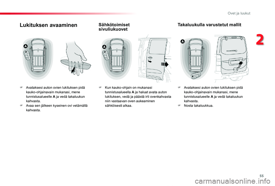 TOYOTA PROACE VERSO 2020 Omistajan Käsikirja (in Finnish) 55
ProaceVerso_fi_Chap02_ouvertures_ed01-2019
Lukituksen avaaminen
F Avataksesi auton ovien lukituksen pidä kauko-ohjainavain mukanasi, mene tunnistusalueelle A ja vedä takaluukun kahvasta.F Avaa se TOYOTA PROACE VERSO 2020 Omistajan Käsikirja (in Finnish) 55
ProaceVerso_fi_Chap02_ouvertures_ed01-2019
Lukituksen avaaminen
F Avataksesi auton ovien lukituksen pidä kauko-ohjainavain mukanasi, mene tunnistusalueelle A ja vedä takaluukun kahvasta.F Avaa se