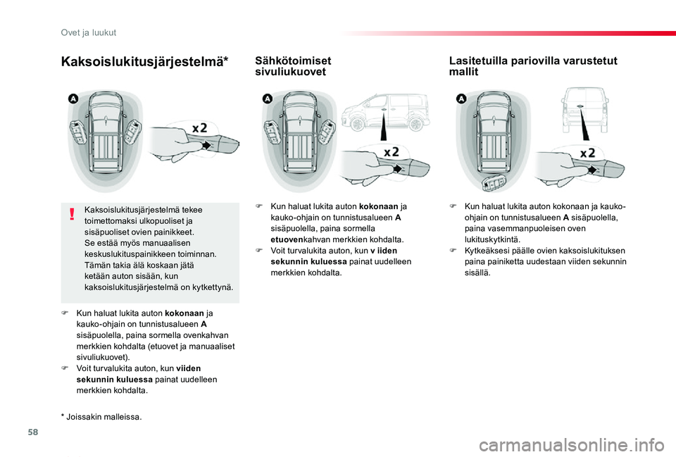 TOYOTA PROACE VERSO 2020 Omistajan Käsikirja (in Finnish) 58
ProaceVerso_fi_Chap02_ouvertures_ed01-2019
Kaksoislukitusjärjestelmä*
Kaksoislukitusjärjestelmä tekee toimettomaksi ulkopuoliset ja sisäpuoliset ovien painikkeet.Se estää myös manuaalisen k TOYOTA PROACE VERSO 2020 Omistajan Käsikirja (in Finnish) 58
ProaceVerso_fi_Chap02_ouvertures_ed01-2019
Kaksoislukitusjärjestelmä*
Kaksoislukitusjärjestelmä tekee toimettomaksi ulkopuoliset ja sisäpuoliset ovien painikkeet.Se estää myös manuaalisen k