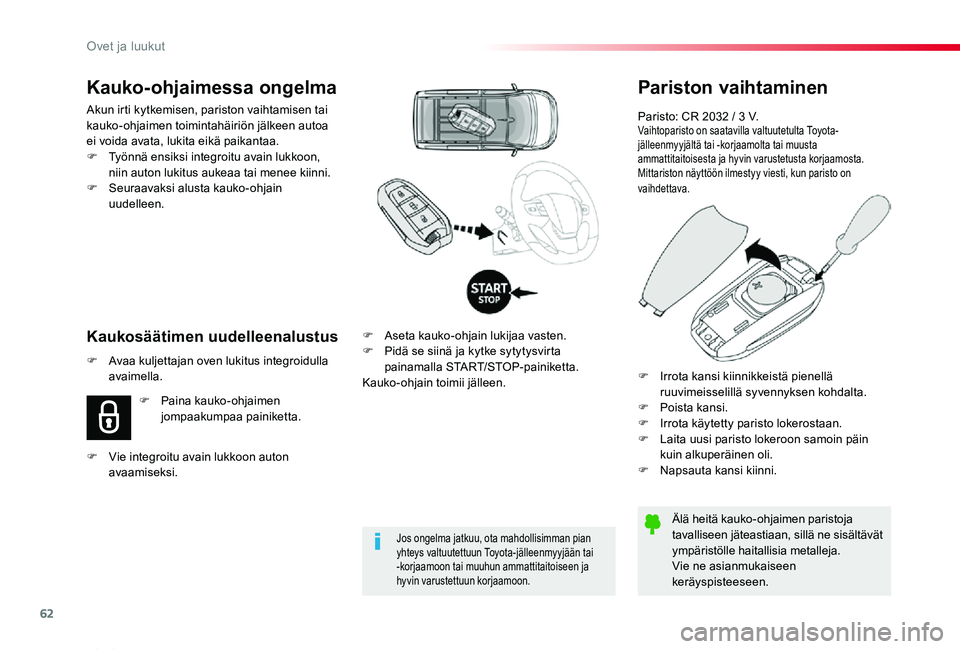TOYOTA PROACE VERSO 2020 Omistajan Käsikirja (in Finnish) 62
ProaceVerso_fi_Chap02_ouvertures_ed01-2019
Pariston vaihtaminen
Paristo: CR 2032 / 3 V.Vaihtoparisto on saatavilla valtuutetulta Toyota-jälleenmyyjältä tai -korjaamolta tai muusta ammattitaitois TOYOTA PROACE VERSO 2020 Omistajan Käsikirja (in Finnish) 62
ProaceVerso_fi_Chap02_ouvertures_ed01-2019
Pariston vaihtaminen
Paristo: CR 2032 / 3 V.Vaihtoparisto on saatavilla valtuutetulta Toyota-jälleenmyyjältä tai -korjaamolta tai muusta ammattitaitois