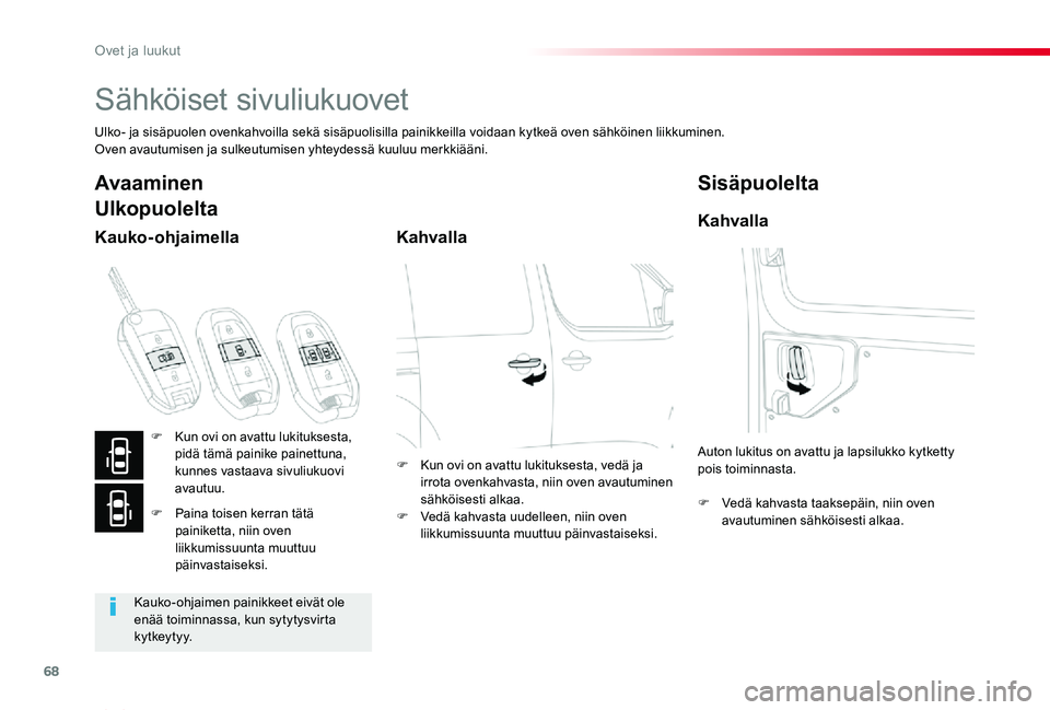 TOYOTA PROACE VERSO 2020 Omistajan Käsikirja (in Finnish) 68
ProaceVerso_fi_Chap02_ouvertures_ed01-2019
Sähköiset sivuliukuovet
Ulko- ja sisäpuolen ovenkahvoilla sekä sisäpuolisilla painikkeilla voidaan kytkeä oven sähköinen liikkuminen.Oven avautumi TOYOTA PROACE VERSO 2020 Omistajan Käsikirja (in Finnish) 68
ProaceVerso_fi_Chap02_ouvertures_ed01-2019
Sähköiset sivuliukuovet
Ulko- ja sisäpuolen ovenkahvoilla sekä sisäpuolisilla painikkeilla voidaan kytkeä oven sähköinen liikkuminen.Oven avautumi