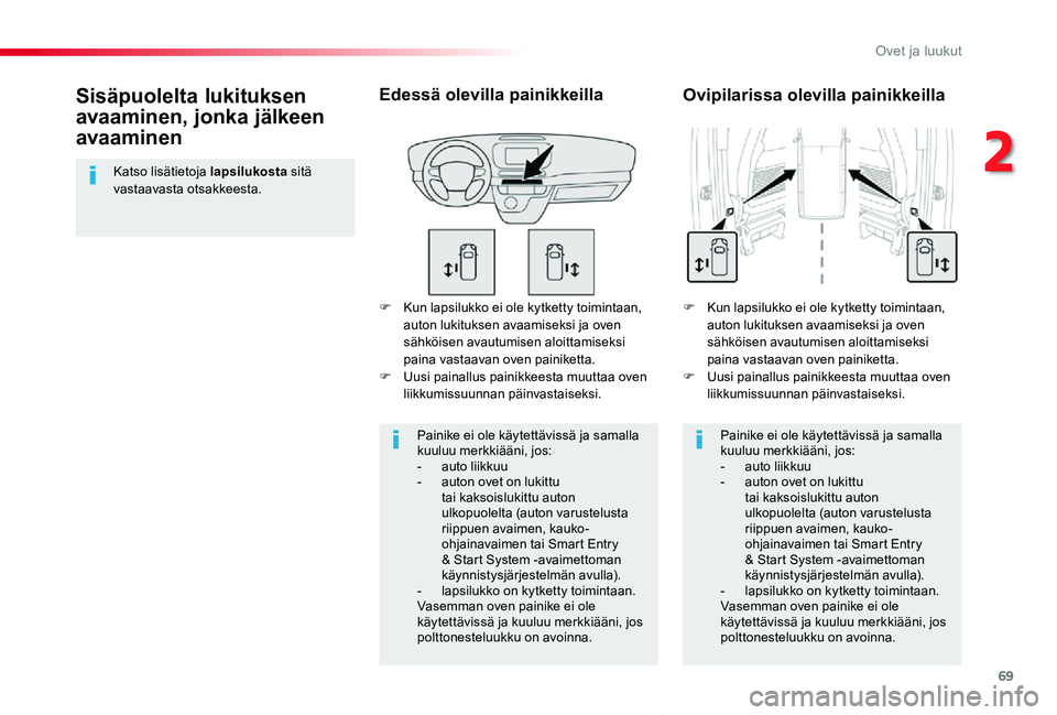 TOYOTA PROACE VERSO 2020 Omistajan Käsikirja (in Finnish) 69
ProaceVerso_fi_Chap02_ouvertures_ed01-2019
F Kun lapsilukko ei ole kytketty toimintaan, auton lukituksen avaamiseksi ja oven sähköisen avautumisen aloittamiseksi paina vastaavan oven painiketta.F TOYOTA PROACE VERSO 2020 Omistajan Käsikirja (in Finnish) 69
ProaceVerso_fi_Chap02_ouvertures_ed01-2019
F Kun lapsilukko ei ole kytketty toimintaan, auton lukituksen avaamiseksi ja oven sähköisen avautumisen aloittamiseksi paina vastaavan oven painiketta.F