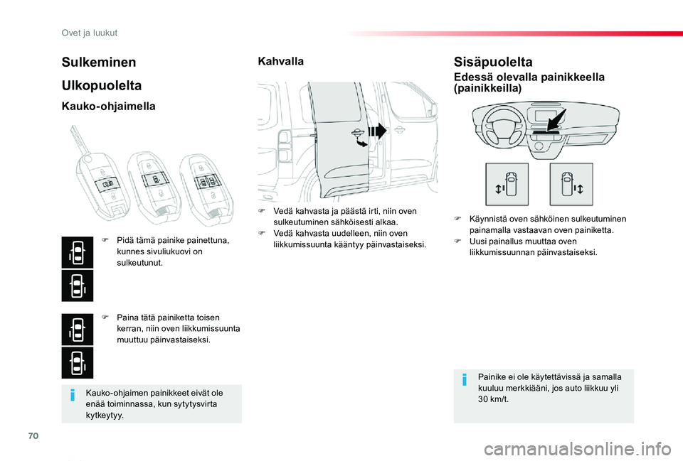 TOYOTA PROACE VERSO 2020 Omistajan Käsikirja (in Finnish) 70
ProaceVerso_fi_Chap02_ouvertures_ed01-2019
Kauko-ohjaimen painikkeet eivät ole enää toiminnassa, kun sytytysvirta kytkeytyy.
Sulkeminen
Ulkopuolelta
F Käynnistä oven sähköinen sulkeutuminen TOYOTA PROACE VERSO 2020 Omistajan Käsikirja (in Finnish) 70
ProaceVerso_fi_Chap02_ouvertures_ed01-2019
Kauko-ohjaimen painikkeet eivät ole enää toiminnassa, kun sytytysvirta kytkeytyy.
Sulkeminen
Ulkopuolelta
F Käynnistä oven sähköinen sulkeutuminen
