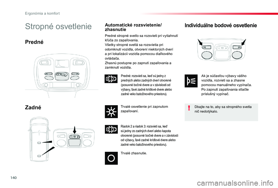 TOYOTA PROACE VERSO 2020  Návod na použitie (in Slovakian) 140
Proace Verso_sk_Chap03_ergonomie-et-confort_ed2019_V02
Individuálne bodové osvetlenie
Zadné
Stropné osvetlenieAutomatické rozsvietenie/zhasnutie
Predné stropné svetlo sa rozsvieti pri vytia