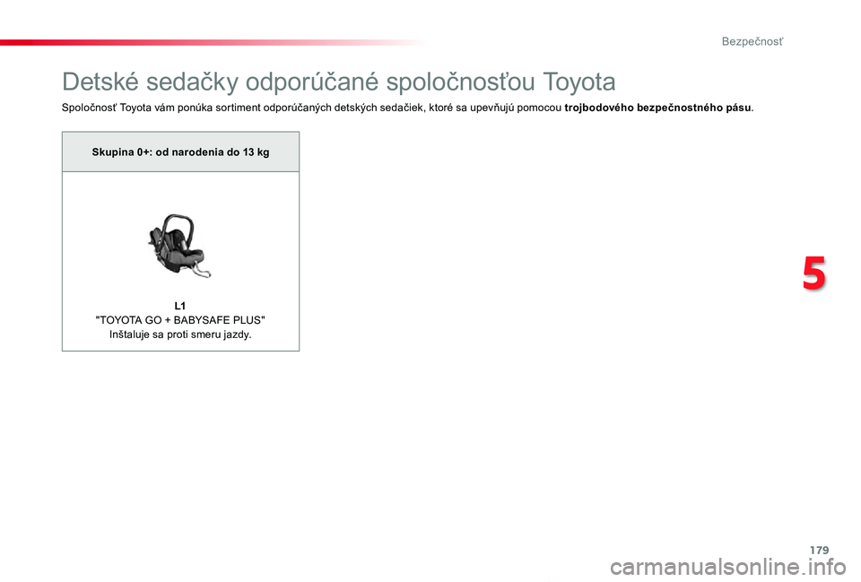 TOYOTA PROACE VERSO 2020  Návod na použitie (in Slovakian) 179
Grupo 0+: desde el nacimiento hasta 13 kg
L1 "TOYOTA GO + BABYSAFE PLUS" Inštaluje sa proti smeru jazdy.
Proace Verso_sk_Chap05_securite_ed2019_V02
Detské sedačky odporúčané spoločn