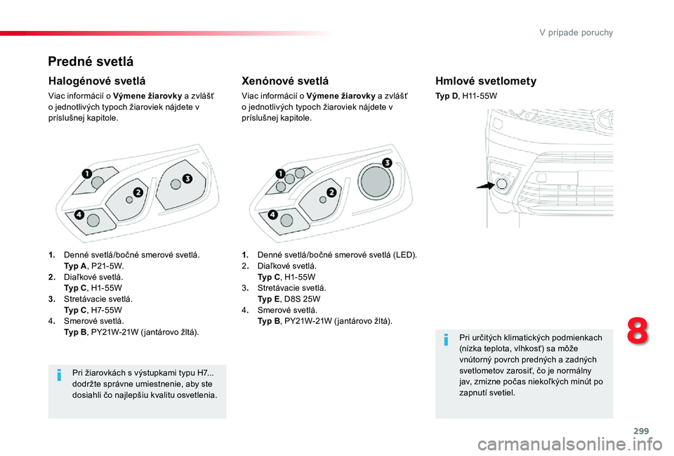 TOYOTA PROACE VERSO 2020  Návod na použitie (in Slovakian) 299
Proace Verso_sk_Chap08_En-cas-de-panne_ed2019_V02
Predné svetlá
Xenónové svetlá
Viac informácií o Výmene žiarovky a zvlášť o jednotlivých typoch žiaroviek nájdete v príslušnej kap