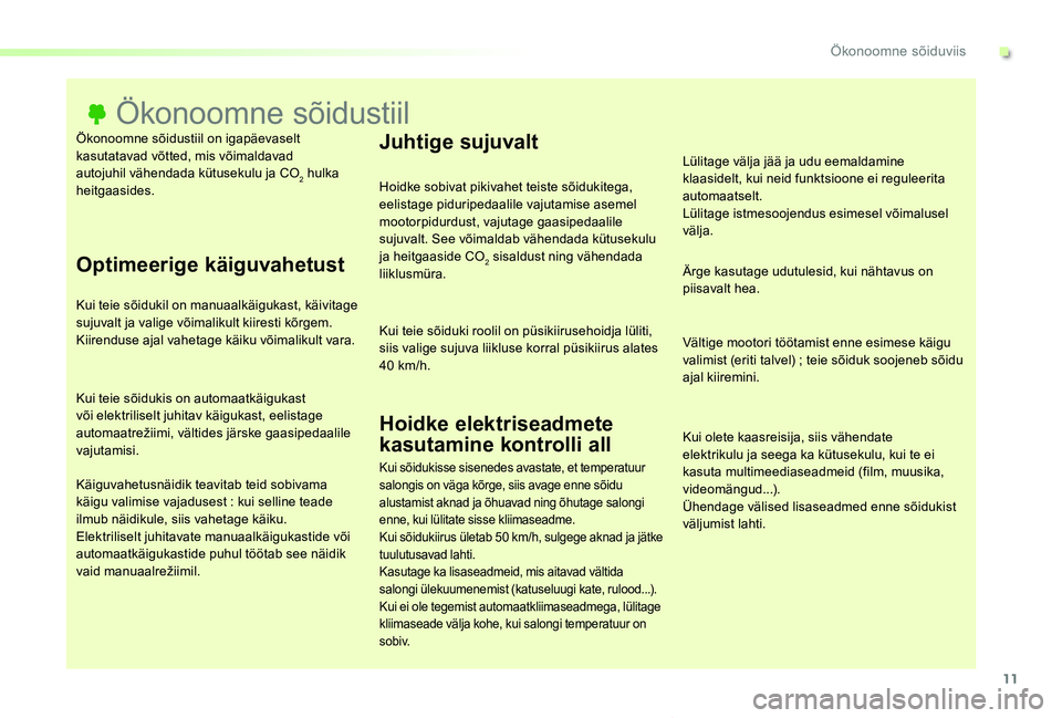 TOYOTA PROACE VERSO 2020 Kasutusjuhend (in Estonian) 11
Proace verso_et_Chap00c_eco-conduite_ed2019_V02
Ökonoomne sõidustiil on igapäevaselt kasutatavad võtted, mis võimaldavad autojuhil vähendada kütusekulu ja CO2 hulka heitgaasides.
Ökonoomne TOYOTA PROACE VERSO 2020 Kasutusjuhend (in Estonian) 11
Proace verso_et_Chap00c_eco-conduite_ed2019_V02
Ökonoomne sõidustiil on igapäevaselt kasutatavad võtted, mis võimaldavad autojuhil vähendada kütusekulu ja CO2 hulka heitgaasides.
Ökonoomne