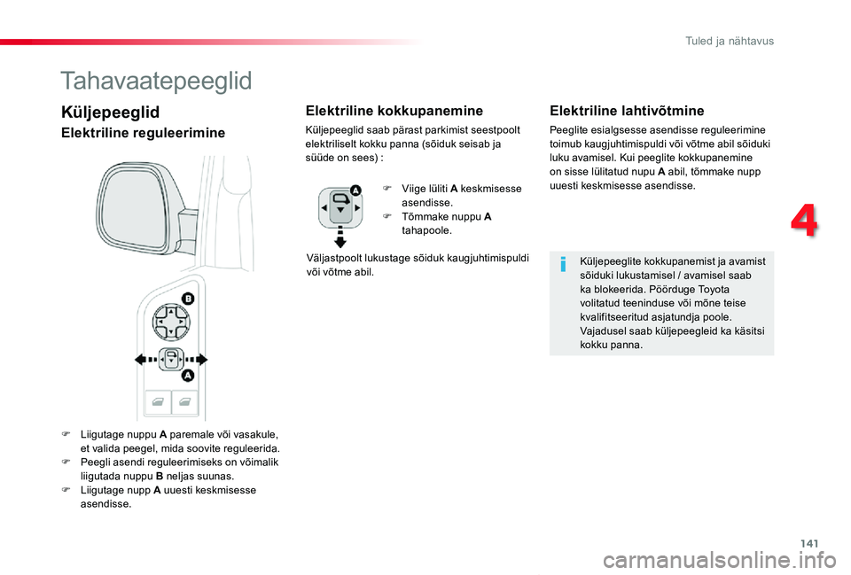 TOYOTA PROACE VERSO 2020 Kasutusjuhend (in Estonian) 141
Proace verso_et_Chap04_eclairage-et-visibilite_ed2019_V02
F Liigutage nuppu A paremale või vasakule, et valida peegel, mida soovite reguleerida.F Peegli asendi reguleerimiseks on võimalik liigut TOYOTA PROACE VERSO 2020 Kasutusjuhend (in Estonian) 141
Proace verso_et_Chap04_eclairage-et-visibilite_ed2019_V02
F Liigutage nuppu A paremale või vasakule, et valida peegel, mida soovite reguleerida.F Peegli asendi reguleerimiseks on võimalik liigut