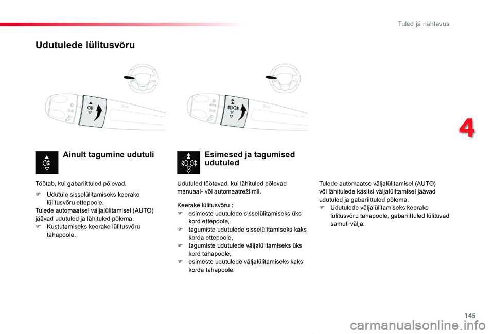 TOYOTA PROACE VERSO 2020 Kasutusjuhend (in Estonian) 145
Proace verso_et_Chap04_eclairage-et-visibilite_ed2019_V02
Udutulede lülitusvõru
Esimesed ja tagumised udutuledAinult tagumine udutuli
F Udutule sisselülitamiseks keerake lülitusvõru ettepoole TOYOTA PROACE VERSO 2020 Kasutusjuhend (in Estonian) 145
Proace verso_et_Chap04_eclairage-et-visibilite_ed2019_V02
Udutulede lülitusvõru
Esimesed ja tagumised udutuledAinult tagumine udutuli
F Udutule sisselülitamiseks keerake lülitusvõru ettepoole
