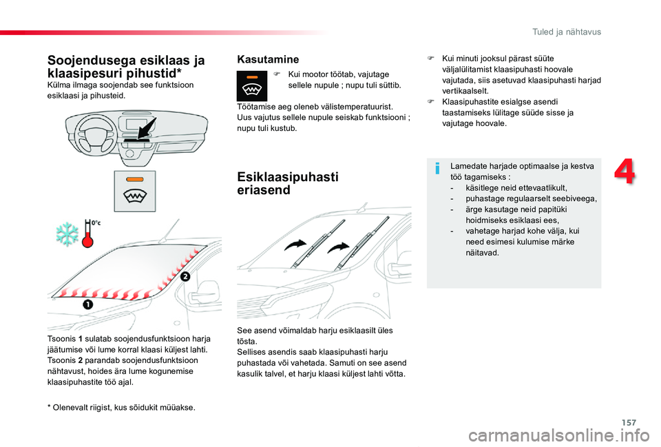 TOYOTA PROACE VERSO 2020  Kasutusjuhend (in Estonian) 157
Proace verso_et_Chap04_eclairage-et-visibilite_ed2019_V02
* Olenevalt riigist, kus sõidukit müüakse.
Soojendusega esiklaas ja 
klaasipesuri pihustid*Külma ilmaga soojendab see funktsioon esikl