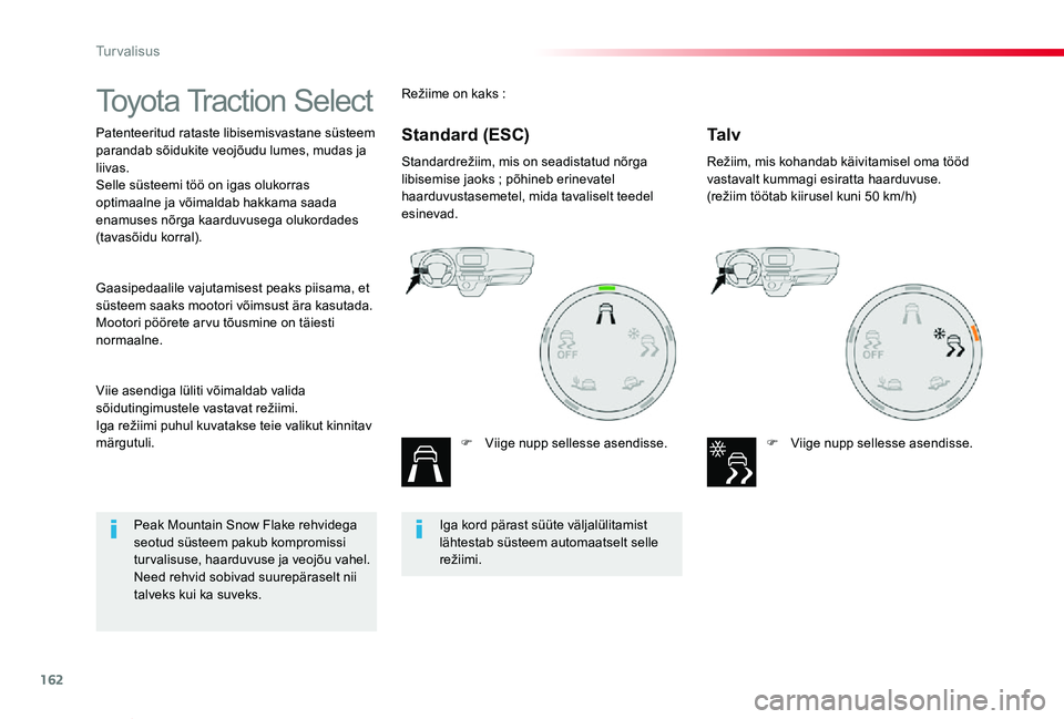 TOYOTA PROACE VERSO 2020 Kasutusjuhend (in Estonian) 162
Proace verso_et_Chap05_securite_ed2019_V02
Toyota Traction Select
Patenteeritud rataste libisemisvastane süsteem parandab sõidukite veojõudu lumes, mudas ja liivas.Selle süsteemi töö on igas TOYOTA PROACE VERSO 2020 Kasutusjuhend (in Estonian) 162
Proace verso_et_Chap05_securite_ed2019_V02
Toyota Traction Select
Patenteeritud rataste libisemisvastane süsteem parandab sõidukite veojõudu lumes, mudas ja liivas.Selle süsteemi töö on igas