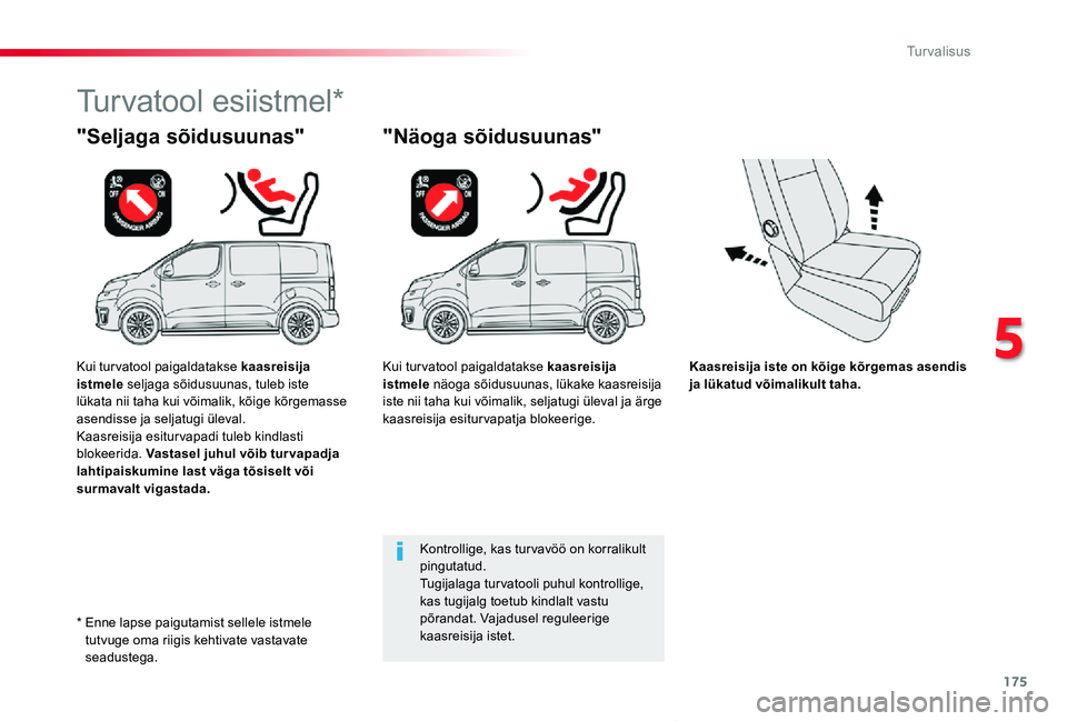 TOYOTA PROACE VERSO 2020 Kasutusjuhend (in Estonian) 175
Proace verso_et_Chap05_securite_ed2019_V02
Kaasreisija iste on kõige kõrgemas asendis ja lükatud võimalikult taha.
"Seljaga sõidusuunas"
Turvatool esiistmel*
"Näoga sõidusuunas& TOYOTA PROACE VERSO 2020 Kasutusjuhend (in Estonian) 175
Proace verso_et_Chap05_securite_ed2019_V02
Kaasreisija iste on kõige kõrgemas asendis ja lükatud võimalikult taha.
"Seljaga sõidusuunas"
Turvatool esiistmel*
"Näoga sõidusuunas&