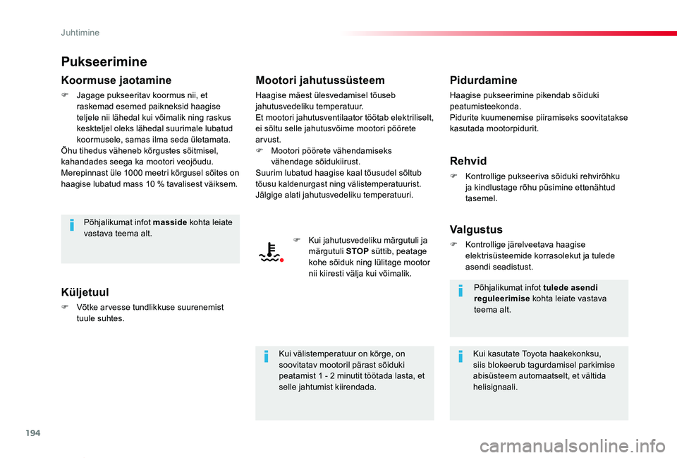 TOYOTA PROACE VERSO 2020 Kasutusjuhend (in Estonian) 194
Proace verso_et_Chap06_conduite_ed2019_V02
Pukseerimine
Koormuse jaotamine
F Jagage pukseeritav koormus nii, et raskemad esemed paikneksid haagise teljele nii lähedal kui võimalik ning raskus ke TOYOTA PROACE VERSO 2020 Kasutusjuhend (in Estonian) 194
Proace verso_et_Chap06_conduite_ed2019_V02
Pukseerimine
Koormuse jaotamine
F Jagage pukseeritav koormus nii, et raskemad esemed paikneksid haagise teljele nii lähedal kui võimalik ning raskus ke