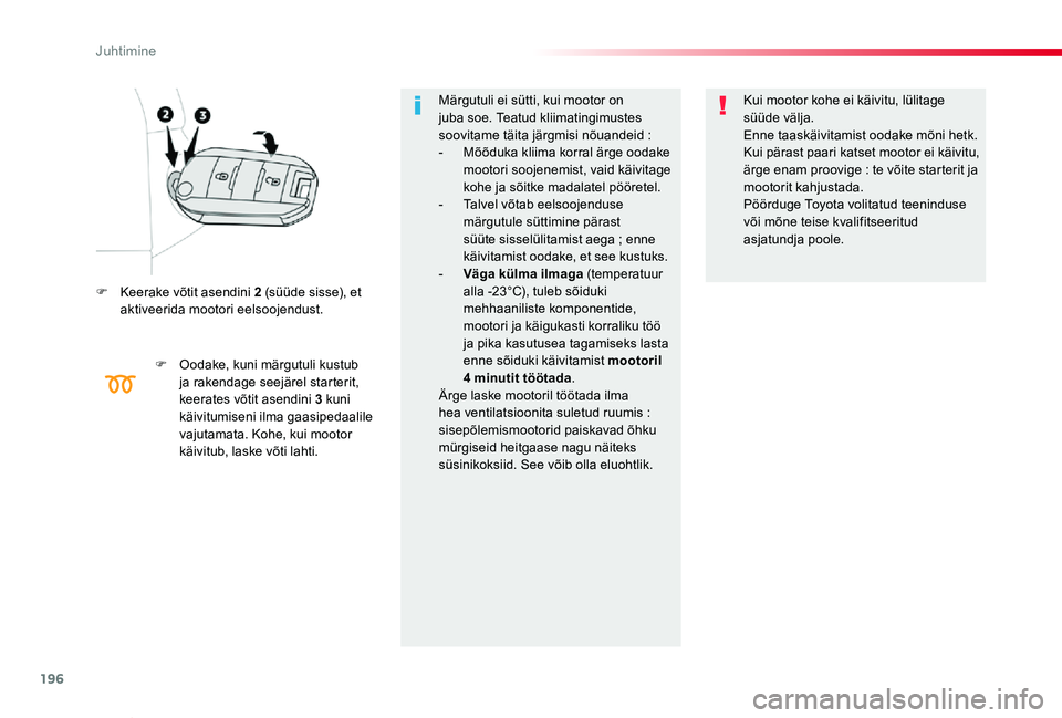 TOYOTA PROACE VERSO 2020 Kasutusjuhend (in Estonian) 196
Proace verso_et_Chap06_conduite_ed2019_V02
F Keerake võtit asendini 2 (süüde sisse), et aktiveerida mootori eelsoojendust.
F Oodake, kuni märgutuli kustub ja rakendage seejärel starterit, kee TOYOTA PROACE VERSO 2020 Kasutusjuhend (in Estonian) 196
Proace verso_et_Chap06_conduite_ed2019_V02
F Keerake võtit asendini 2 (süüde sisse), et aktiveerida mootori eelsoojendust.
F Oodake, kuni märgutuli kustub ja rakendage seejärel starterit, kee