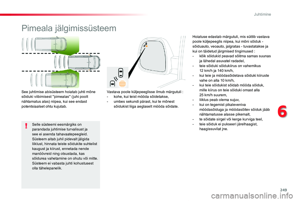 TOYOTA PROACE VERSO 2020 Kasutusjuhend (in Estonian) 249
Proace verso_et_Chap06_conduite_ed2019_V02
Pimeala jälgimissüsteem
Vastava poole küljepeeglisse ilmub märgutuli :- kohe, kui teist mööda sõidetakse,- umbes sekundi pärast, kui te mõnest s TOYOTA PROACE VERSO 2020 Kasutusjuhend (in Estonian) 249
Proace verso_et_Chap06_conduite_ed2019_V02
Pimeala jälgimissüsteem
Vastava poole küljepeeglisse ilmub märgutuli :- kohe, kui teist mööda sõidetakse,- umbes sekundi pärast, kui te mõnest s