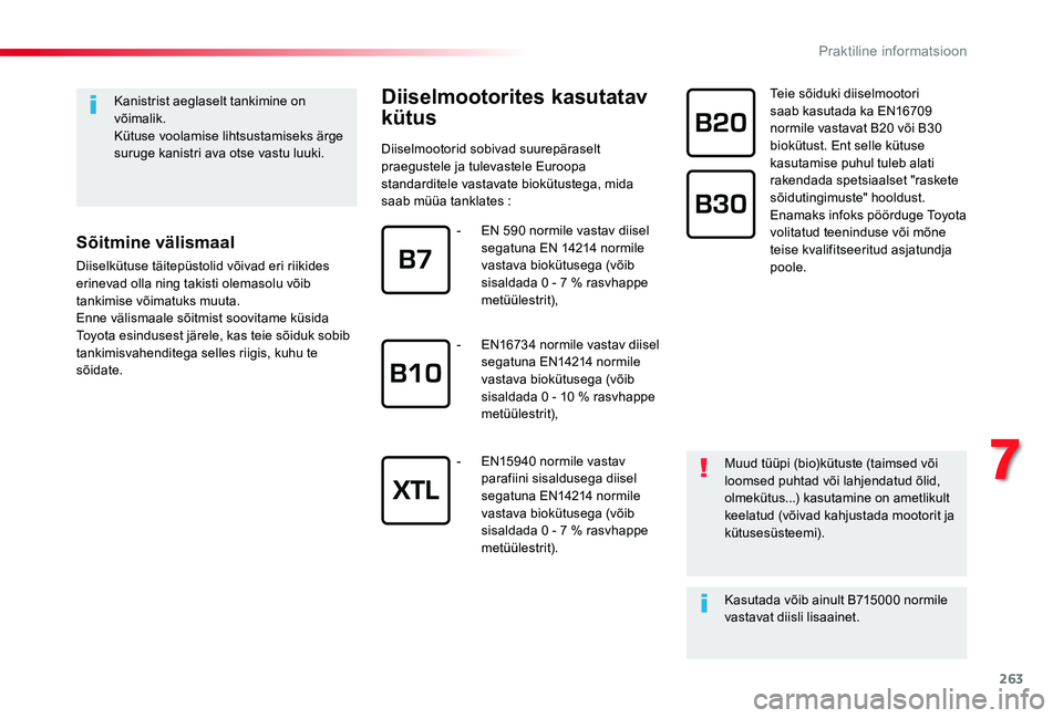 TOYOTA PROACE VERSO 2020 Kasutusjuhend (in Estonian) 263
Kanistrist aeglaselt tankimine on võimalik.Kütuse voolamise lihtsustamiseks ärge suruge kanistri ava otse vastu luuki.
Sõitmine välismaal
Diiselkütuse täitepüstolid võivad eri riikides er TOYOTA PROACE VERSO 2020 Kasutusjuhend (in Estonian) 263
Kanistrist aeglaselt tankimine on võimalik.Kütuse voolamise lihtsustamiseks ärge suruge kanistri ava otse vastu luuki.
Sõitmine välismaal
Diiselkütuse täitepüstolid võivad eri riikides er