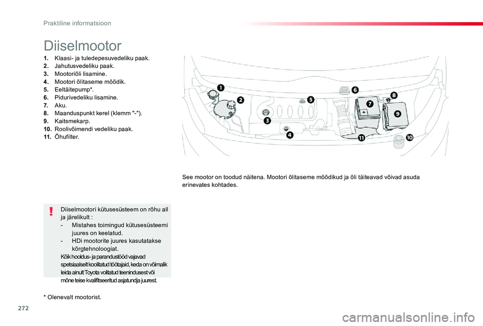 TOYOTA PROACE VERSO 2020 Kasutusjuhend (in Estonian) 272
* Olenevalt mootorist.
Diiselmootor
1. Klaasi- ja tuledepesuvedeliku paak.2. Jahutusvedeliku paak.3. Mootoriõli lisamine.4. Mootori õlitaseme mõõdik.5. Eeltäitepump*.6. Pidurivedeliku lisam TOYOTA PROACE VERSO 2020 Kasutusjuhend (in Estonian) 272
* Olenevalt mootorist.
Diiselmootor
1. Klaasi- ja tuledepesuvedeliku paak.2. Jahutusvedeliku paak.3. Mootoriõli lisamine.4. Mootori õlitaseme mõõdik.5. Eeltäitepump*.6. Pidurivedeliku lisam