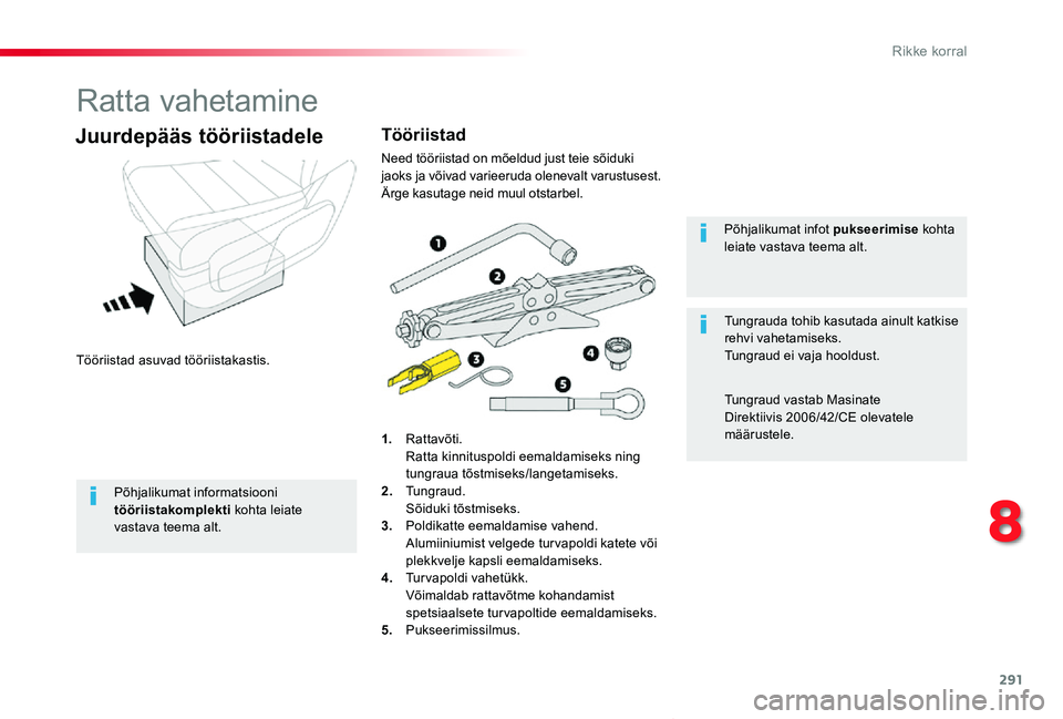 TOYOTA PROACE VERSO 2020 Kasutusjuhend (in Estonian) 291
Proace verso_et_Chap08_En-cas-de-panne_ed2019_V02
Ratta vahetamine
Tööriistad asuvad tööriistakastis.
Juurdepääs tööriistadele
1. Rattavõti. Ratta kinnituspoldi eemaldamiseks ning tungrau TOYOTA PROACE VERSO 2020 Kasutusjuhend (in Estonian) 291
Proace verso_et_Chap08_En-cas-de-panne_ed2019_V02
Ratta vahetamine
Tööriistad asuvad tööriistakastis.
Juurdepääs tööriistadele
1. Rattavõti. Ratta kinnituspoldi eemaldamiseks ning tungrau