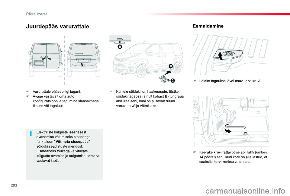 TOYOTA PROACE VERSO 2020 Kasutusjuhend (in Estonian) 292
Proace verso_et_Chap08_En-cas-de-panne_ed2019_V02
F Varurattale pääseb ligi tagant.F Avage vastavalt oma auto konfiguratsioonile tagumine klaasaknaga tiibuks või tagaluuk.
F Leidke tagaukse lä TOYOTA PROACE VERSO 2020 Kasutusjuhend (in Estonian) 292
Proace verso_et_Chap08_En-cas-de-panne_ed2019_V02
F Varurattale pääseb ligi tagant.F Avage vastavalt oma auto konfiguratsioonile tagumine klaasaknaga tiibuks või tagaluuk.
F Leidke tagaukse lä