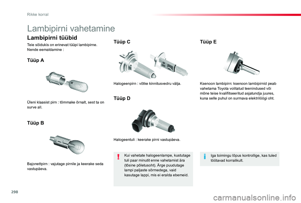 TOYOTA PROACE VERSO 2020 Kasutusjuhend (in Estonian) 298
Proace verso_et_Chap08_En-cas-de-panne_ed2019_V02
Lambipirni vahetamine
Halogeentuli : keerake pirni vastupäeva.
Tüüp A
Bajonettpirn : vajutage pirnile ja keerake seda vastupäeva.
Tüüp B
Tü TOYOTA PROACE VERSO 2020 Kasutusjuhend (in Estonian) 298
Proace verso_et_Chap08_En-cas-de-panne_ed2019_V02
Lambipirni vahetamine
Halogeentuli : keerake pirni vastupäeva.
Tüüp A
Bajonettpirn : vajutage pirnile ja keerake seda vastupäeva.
Tüüp B
Tü