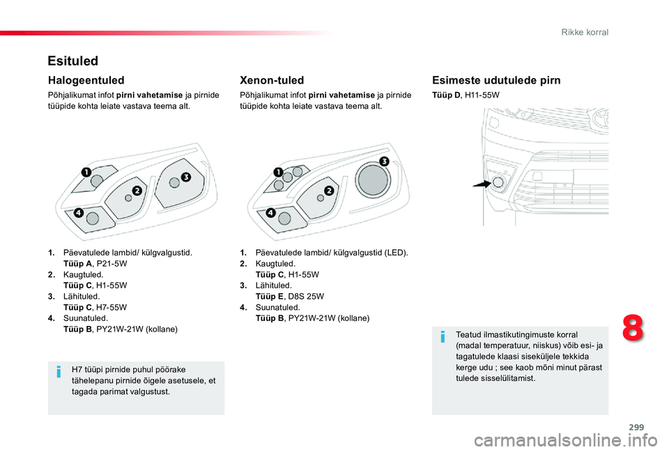 TOYOTA PROACE VERSO 2020 Kasutusjuhend (in Estonian) 299
Proace verso_et_Chap08_En-cas-de-panne_ed2019_V02
Esituled
Xenon-tuled
Põhjalikumat infot pirni vahetamise ja pirnide tüüpide kohta leiate vastava teema alt.
Halogeentuled
Põhjalikumat infot p TOYOTA PROACE VERSO 2020 Kasutusjuhend (in Estonian) 299
Proace verso_et_Chap08_En-cas-de-panne_ed2019_V02
Esituled
Xenon-tuled
Põhjalikumat infot pirni vahetamise ja pirnide tüüpide kohta leiate vastava teema alt.
Halogeentuled
Põhjalikumat infot p
