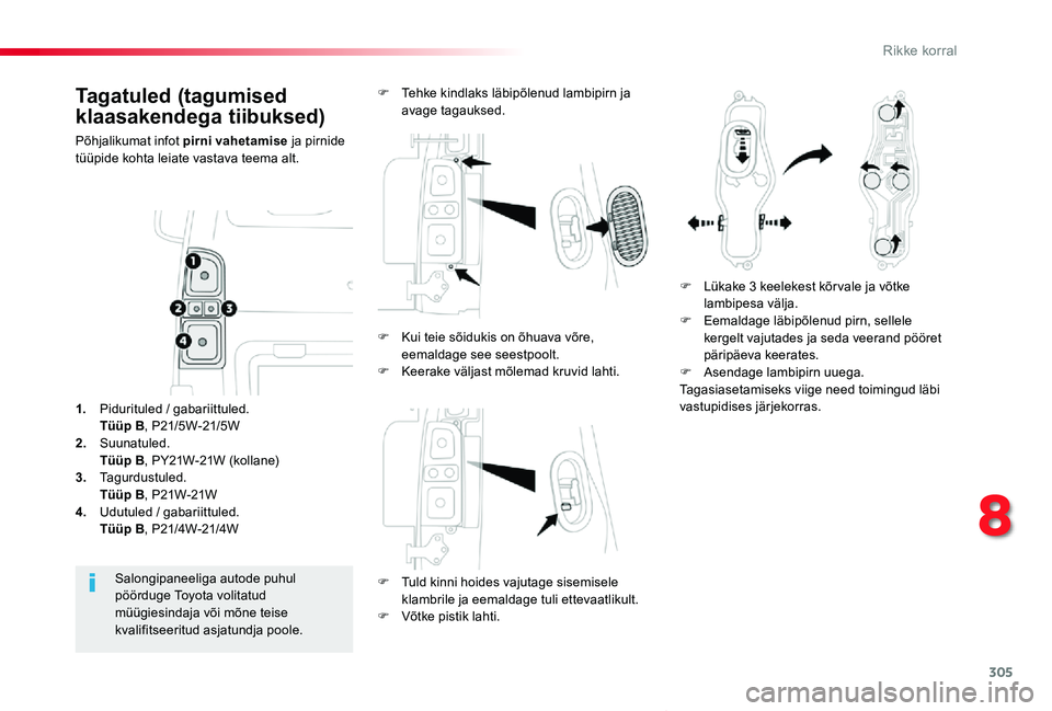 TOYOTA PROACE VERSO 2020 Kasutusjuhend (in Estonian) 305
Proace verso_et_Chap08_En-cas-de-panne_ed2019_V02
Tagatuled (tagumised
klaasakendega tiibuksed)
Põhjalikumat infot pirni vahetamise ja pirnide tüüpide kohta leiate vastava teema alt.
F Tuld ki TOYOTA PROACE VERSO 2020 Kasutusjuhend (in Estonian) 305
Proace verso_et_Chap08_En-cas-de-panne_ed2019_V02
Tagatuled (tagumised
klaasakendega tiibuksed)
Põhjalikumat infot pirni vahetamise ja pirnide tüüpide kohta leiate vastava teema alt.
F Tuld ki