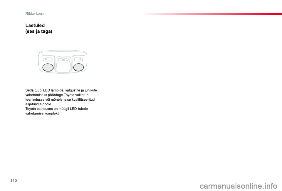 TOYOTA PROACE VERSO 2020 Kasutusjuhend (in Estonian) 310
Proace verso_et_Chap08_En-cas-de-panne_ed2019_V02
Laetuled
(ees ja taga)
Seda tüüpi LED lampide, valgustite ja juhikute vahetamiseks pöörduge Toyota volitatud teenindusse või mõnele teise kv TOYOTA PROACE VERSO 2020 Kasutusjuhend (in Estonian) 310
Proace verso_et_Chap08_En-cas-de-panne_ed2019_V02
Laetuled
(ees ja taga)
Seda tüüpi LED lampide, valgustite ja juhikute vahetamiseks pöörduge Toyota volitatud teenindusse või mõnele teise kv