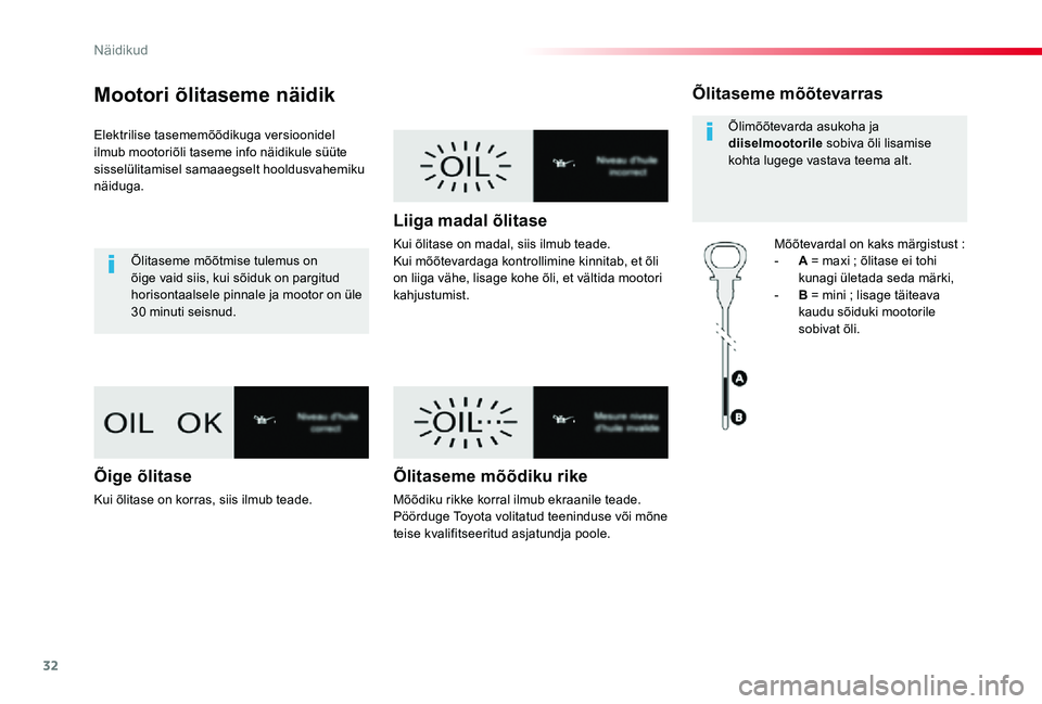 TOYOTA PROACE VERSO 2020 Kasutusjuhend (in Estonian) 32
Proace verso_et_Chap01_instruments-de-bord_ed2019_V02
Mootori õlitaseme näidik
Elektrilise tasememõõdikuga versioonidel ilmub mootoriõli taseme info näidikule süüte sisselülitamisel samaae TOYOTA PROACE VERSO 2020 Kasutusjuhend (in Estonian) 32
Proace verso_et_Chap01_instruments-de-bord_ed2019_V02
Mootori õlitaseme näidik
Elektrilise tasememõõdikuga versioonidel ilmub mootoriõli taseme info näidikule süüte sisselülitamisel samaae
