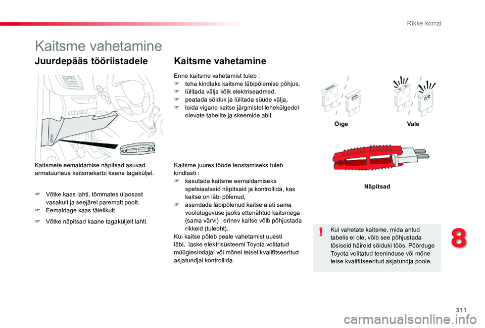 TOYOTA PROACE VERSO 2020 Kasutusjuhend (in Estonian) 311
Proace verso_et_Chap08_En-cas-de-panne_ed2019_V02
F Võtke kaas lahti, tõmmates ülaosast vasakult ja seejärel paremalt poolt.F Eemaldage kaas täielikult.
ÕigeVale
Näpitsad
Juurdepääs töö TOYOTA PROACE VERSO 2020 Kasutusjuhend (in Estonian) 311
Proace verso_et_Chap08_En-cas-de-panne_ed2019_V02
F Võtke kaas lahti, tõmmates ülaosast vasakult ja seejärel paremalt poolt.F Eemaldage kaas täielikult.
ÕigeVale
Näpitsad
Juurdepääs töö