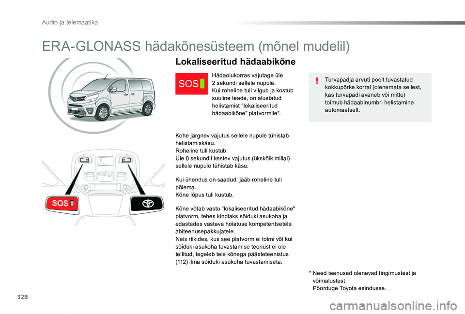 TOYOTA PROACE VERSO 2020 Kasutusjuhend (in Estonian) 328
Proace verso_et_Chap10a_BTA_ed2019_V02
ERA-GLONASS hädakõnesüsteem (mõnel mudelil)
Turvapadja arvuti poolt tuvastatud kokkupõrke korral (olenemata sellest, kas tur vapadi avaneb või mitte) t TOYOTA PROACE VERSO 2020 Kasutusjuhend (in Estonian) 328
Proace verso_et_Chap10a_BTA_ed2019_V02
ERA-GLONASS hädakõnesüsteem (mõnel mudelil)
Turvapadja arvuti poolt tuvastatud kokkupõrke korral (olenemata sellest, kas tur vapadi avaneb või mitte) t