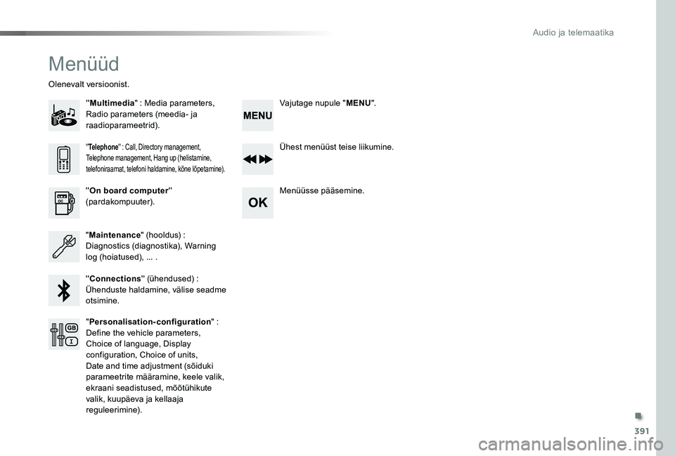 TOYOTA PROACE VERSO 2020 Kasutusjuhend (in Estonian) 391
Proace verso_et_Chap10d_RD6_ed2019_V02
Menüüd
''Multimedia" : Media parameters, Radio parameters (meedia- ja raadioparameetrid).
Olenevalt versioonist.
Ühest menüüst teise liikumi TOYOTA PROACE VERSO 2020 Kasutusjuhend (in Estonian) 391
Proace verso_et_Chap10d_RD6_ed2019_V02
Menüüd
''Multimedia" : Media parameters, Radio parameters (meedia- ja raadioparameetrid).
Olenevalt versioonist.
Ühest menüüst teise liikumi