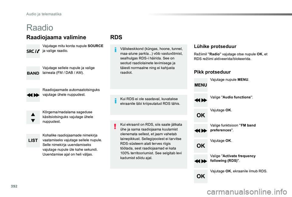 TOYOTA PROACE VERSO 2020 Kasutusjuhend (in Estonian) 392
Proace verso_et_Chap10d_RD6_ed2019_V02
RDS
Lühike protseduur
Pikk protseduur
Väliskeskkond (küngas, hoone, tunnel, maa-alune parkla...) võib vastuvõtmist, sealhulgas RDS-i häirida. See on se TOYOTA PROACE VERSO 2020 Kasutusjuhend (in Estonian) 392
Proace verso_et_Chap10d_RD6_ed2019_V02
RDS
Lühike protseduur
Pikk protseduur
Väliskeskkond (küngas, hoone, tunnel, maa-alune parkla...) võib vastuvõtmist, sealhulgas RDS-i häirida. See on se