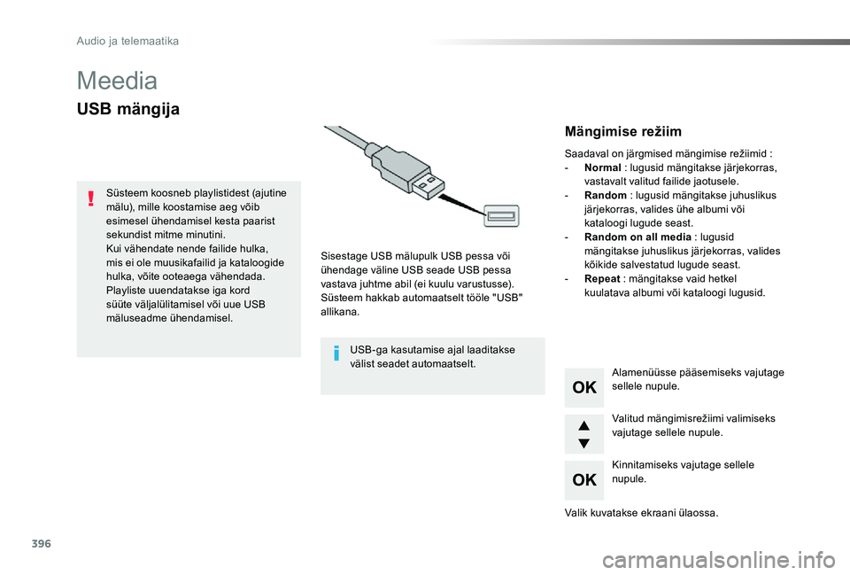TOYOTA PROACE VERSO 2020 Kasutusjuhend (in Estonian) 396
Proace verso_et_Chap10d_RD6_ed2019_V02
Meedia
USB mängija
Sisestage USB mälupulk USB pessa või ühendage väline USB seade USB pessa vastava juhtme abil (ei kuulu varustusse).Süsteem hakkab au TOYOTA PROACE VERSO 2020 Kasutusjuhend (in Estonian) 396
Proace verso_et_Chap10d_RD6_ed2019_V02
Meedia
USB mängija
Sisestage USB mälupulk USB pessa või ühendage väline USB seade USB pessa vastava juhtme abil (ei kuulu varustusse).Süsteem hakkab au