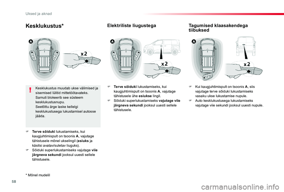TOYOTA PROACE VERSO 2020 Kasutusjuhend (in Estonian) 58
Proace verso_et_Chap02_ouvertures_ed2019_V02
Kesklukustus*
Kesklukustus muudab ukse välimised ja sisemised lülitid mittetöötavateks.Samuti blokeerib see süsteem kesklukustusnupu.Seetõttu ärg TOYOTA PROACE VERSO 2020 Kasutusjuhend (in Estonian) 58
Proace verso_et_Chap02_ouvertures_ed2019_V02
Kesklukustus*
Kesklukustus muudab ukse välimised ja sisemised lülitid mittetöötavateks.Samuti blokeerib see süsteem kesklukustusnupu.Seetõttu ärg