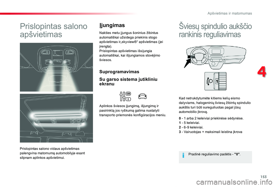 TOYOTA PROACE VERSO 2020  Eksploatavimo vadovas (in Lithuanian) 153
Proace verso_LT_Chap04_eclairage-et-visibilite_ed2019_V02
Suprogramavimas
Prislopintas salono 
apšvietimas
Prislopintas salono vidaus apšvietimas palengvina matomumą automobilyje esant silpnam 