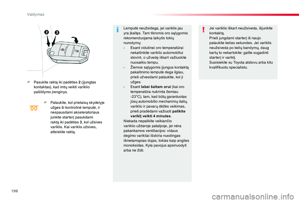TOYOTA PROACE VERSO 2020 Eksploatavimo vadovas (in Lithuanian) 196
Proace verso_LT_Chap06_conduite_ed2019_V02
F Pasukite raktą iki padėties 2 (į jungtas kontaktas), kad imtų veikti variklio pašildymo įrenginys.
F Palaukite, kol prietaisų skydelyje užges TOYOTA PROACE VERSO 2020 Eksploatavimo vadovas (in Lithuanian) 196
Proace verso_LT_Chap06_conduite_ed2019_V02
F Pasukite raktą iki padėties 2 (į jungtas kontaktas), kad imtų veikti variklio pašildymo įrenginys.
F Palaukite, kol prietaisų skydelyje užges